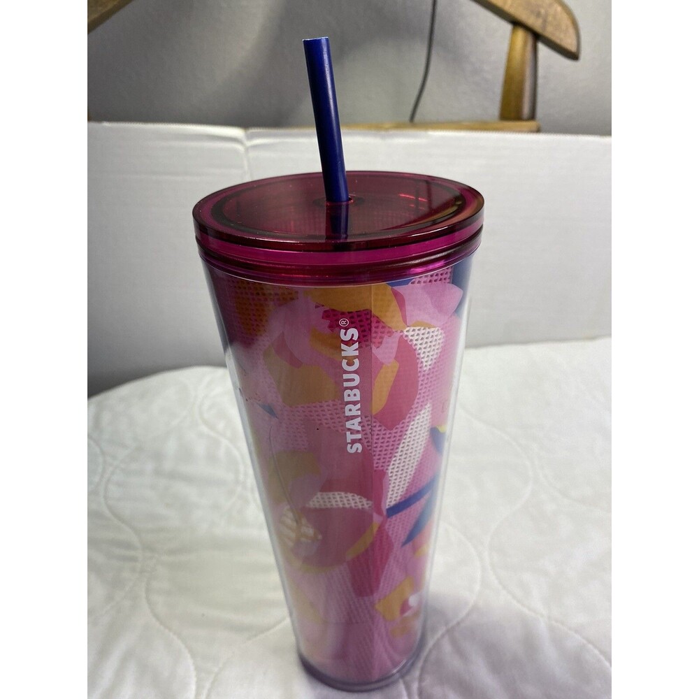 STARBUCKS Spring 2023 Pink Floral Cold Cup Tumbler Venti 24 oz Blue Straw